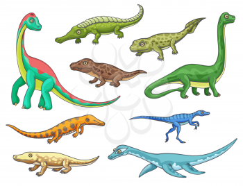 Dinosaur monster animal icons of cartoon dino reptiles. Prehistoric brachiosaurus, mesosaurus, erythrosuchus and eoraptor, ichthyostega, omeisaurus and ambulocetus, sarcosuchus and pliosauroidea