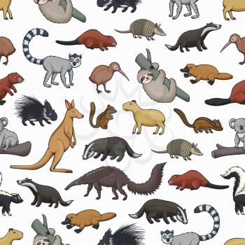 Wild animals vector seamless pattern of zoo or hunting mammals and bird. Animal background of kangaroo, platypus, kiwi and koala bear on branch, badger, beaver, lemur and porcupine, capybara, skunk