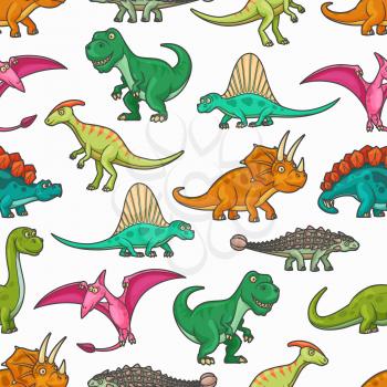 Dinosaur jurassic animals seamless pattern. Vector background with tyrannosaurus, pterodactyl, brontosaurus and spinosaurus, stegosaurus, diplodocus, triceratops and pteranodon prehistoric monsters