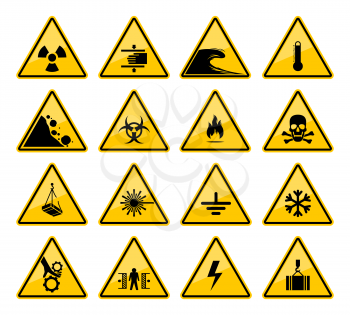 Hazard warning sign vector icons of danger caution and safety attention. Isolated yellow triangles with risk of toxic, flammable and high voltage, biohazard, radiation, laser, crushing and temperature