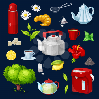 Tea objects isolated vector vacuum flask, chamomile flower and spoon, croissant, green tea plant and mint leaf, sugar, cane cubes, teapot and cup. Lemon, bush, potter and hibiscus blossom icons set