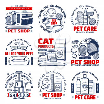 Pet shop isolated vector icons with cat care supplies. Cat animal food, grooming accessory and toy, stand house, feeding bowl, carrier, collar and leash, scratching post and shampoo emblems design
