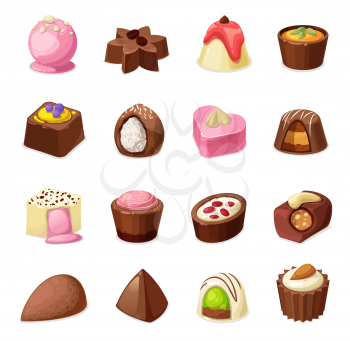 Chocolate candies vector set of sweets and dessert food. Milk, dark and white chocolate candy and truffle isolated objects with praline, caramel, nuts and coconut shaving, cocoa powder, coffee, cream