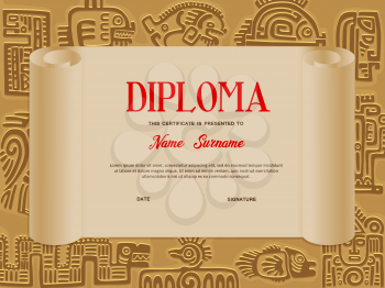Kids certificate or diploma vector template of school education with background frame of aztec symbols. Kindergarten or preschool graduation and achievement award old scroll with mayan tribal totems