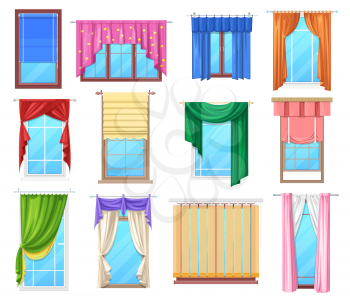Windows with curtains and jalousie, vector interior design elements. Plastic windows frames with fabric drapery and roller blinds. White pvc and wooden brown sills, transparent home glasses set
