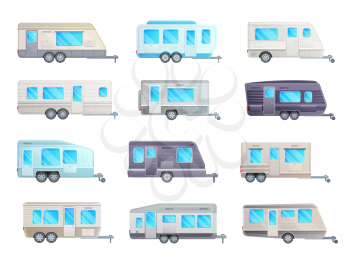Camper trailer or travel caravan vector set of RV car and transportation design. Camp vans and mobile homes, recreational motor vehicle for family camping, summer vacation and road trip design