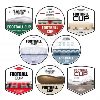 Football sport stadium and soccer arena vector building isolated icons. Championship cup match, sporting competition, tournament and sport team club emblems design