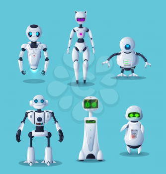 Modern robot cartoon characters with vector ai machines or artificial intelligence toys. Future technology white robots, cyborgs, androids or humanoid droids with buttons, dialogue screen, eye lights