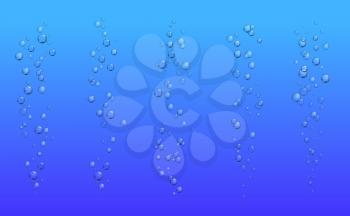 Bubbles of underwater fizzing air 3d vector. Realistic transparent bubbles of soda water or champagne, fizzy drink or effervescent beverage, oxygen streams of blue sea, ocean or aquarium pump