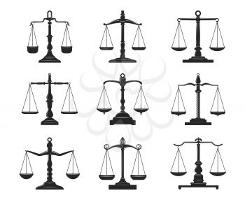 Balance scales of justice and law isolated vector icons. Black symbols of legal court, lawyer and judge with retro weight balances with vintage decorative stands, levers and weighing pans