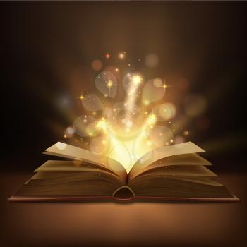 Open book with magic lights realistic vector design. Fantasy or fairy tale book, Bible or wizard spellbook with bright glowing pages, shining sparkles and bokeh, education, Christmas, Halloween themes