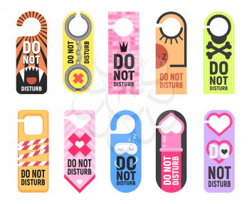 Do not disturb sign of door hanger vector templates. Hotel room tags, hanging cards or labels for door handles and knobs with keep quiet or silence, busy or sleep warning messages and zzz symbols