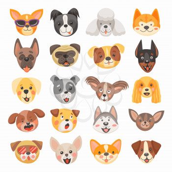 Cute dog and puppy faces cartoon vector design of pet animals. Isolated heads of terrier, french bulldog, pug and corgi, labrador, poodle, doberman and chihuahua dog breeds with funny tongues, smiles