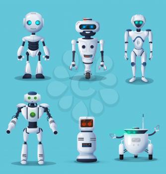 Future robots and androids cartoon characters. Cute robots, humanoid cyborgs or robotic house assistants with artificial intelligence technology, alien life machine with glowing neon light eyes vector