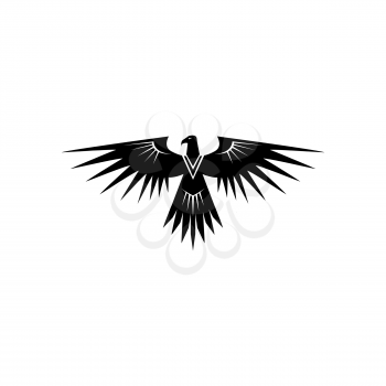 Bald eagle or phoenix bird isolated feathered animal silhouette. Vector hawk with wide spread wings, falcon bird tattoo design. Military patriotic mascot, silhouette of black falcon bird, flat design