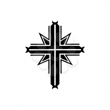 Ornate religious cross isolated monochrome icon. Vector christianity symbol, silhouette of medieval orthodox, ornamental symbolic sacrifice mascot. Saint medieval cross print, holy worship emblem