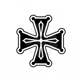 Religious ornamental cross isolate heraldry mascot monochrome icon. Vector ornate religious cross, christianity symbol, medieval orthodox. Saint medieval cross print, holy worship emblem black white