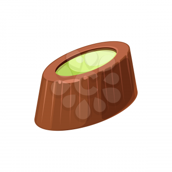 Oval candy with green jelly and ganache isolated sweet treat. Vector chocolate with cream filling, realistic design of confectionery product. Sweet holiday dessert, tasty food snack, brown choco
