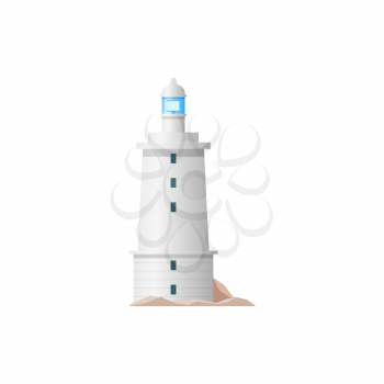 Nautical tower with signal on top isolated building. Vector sea lighthouse construction, navigation beacon tower building with guide beam. Searchlight symbol marine navigational equipment, navy safety