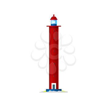 Marine lighthouse isolated nautical building. Vector red tower with light on top, beacon with searchlight beam, marine navigational equipment. Navy safety symbol, sea light house with entrance