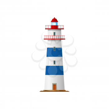 Tower with beacon light on top isolated retro building. Vector lighthouse, marine navigation symbol, beacon building with guide beam of searchlight. Marine navigational tower with balustrade fence