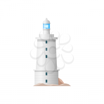 Lighthouse beacon tower or nautical cost searchlight, vector white light house isolated icon. Port guide and harbor ship vintage old radar or navigation lighthouse
