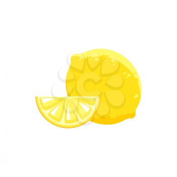 Whole lemon and cut piece of yellow citrus isolated realistic icon. Vector juicy lemon, tropical citron, ripe sour fruit in zest, organic exotic lemonade and tea ingredient. Refreshing summer food