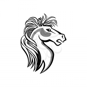 Horsey thoroughbred, speed horse with mane emblem isolated stylized stud. Vector red horse head, mustang mascot. Bronco animal, arabian stallion profile view, equestrian and racing sport symbol