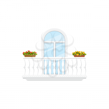 Italian balcony, fence with pillars, stone balustrades and flower cachepots isolated window and railing. Vector Spanish or Mexican balcony with flower pots, building or hotel, home facade exterior