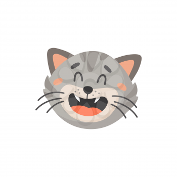 Striped gray cat with open mouth and whiskers isolated cartoon kitten head. Vector cute tabby face, emoticon of laugh. Feline emoji, adorable home pet facial expression, crazy cat animal avatar