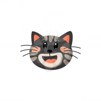 Black cat with open mouth, red tongue and ears isolated cartoon animal head. Vector cute kitty portrait, happy emoticon expressing emotion of joy and happiness. Kitten in good mood, snout muzzle