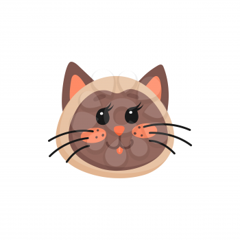 Lovely brown kitten head with pink cheeks and whiskers isolated home pet snout. Vector domestic animal, cartoon kitten portrait, cute emoticon or emoji sticker. Home favorite pet hand drawn muzzle
