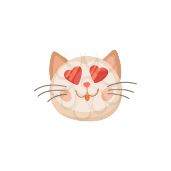 Cat snout with heart shaped eyes isolated cartoon animal head. Vector cute kitty valentines day symbol, lovely animal symbol of love and passion. Kitten head portrait, tattoo design, meow emoticon
