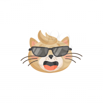 Hipster cat in black glasses and forelock isolated beige kitten head. Vector happy laughing cat emoticon, emotion of joy and happiness, emoji sticker of feline kitty. Meow cat print, crazy cat