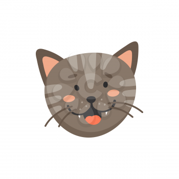 Laughing kitten head isolated cat emoji muzzle. Vector feline emotion, adorable home pet facial expression, crazy cat animal avatar. Cartoon kitten head, cute tabby face, emoticon of laugh and joy