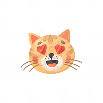 Lovely cat with hearts instead of eyes isolated cute animal head. Vector adorable kitten snout, Valentines day emoticon, symbol of love. Kitty snout or muzzle, happy feline emoji portrait