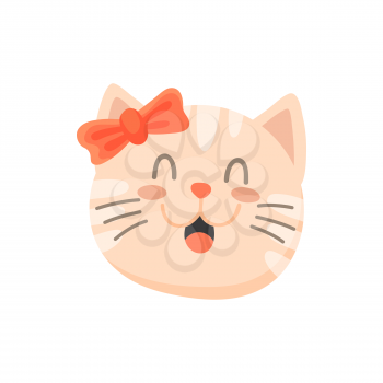Happy kitty girl with bow on head isolated cute pink kitten portrait. Vector female cat with open mouth, pleased feline animal home pet. Happy emoticon, cat in good mood, kitten snout emoji sticker