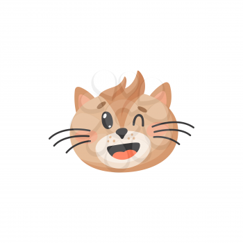 Smiling cat winks one eye isolated cute kitten portrait. Vector muzzle of brown cat with forelock and long whiskers, snout with open mouth. Happy feline emoticon, funny winking cat with hair