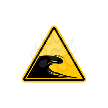 Tsunami hazard sign isolated yellow caution triangle. Vector warning safety icon with flow, beach warning sign, big waves. Triangular symbol of natural disaster, wave of water coastal destruction
