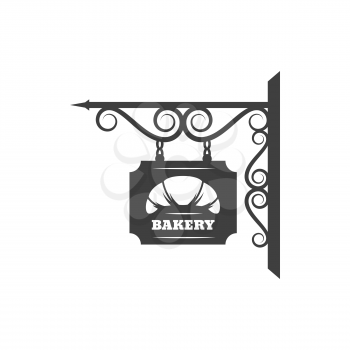 Antique bakery metal signage with fresh croissant dessert isolated forged billboard. Vector bread signboard with metal chain and forged ornaments, pastry food store. Baked food retro sign board