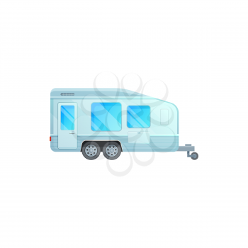 Trailer camper, travel caravan van or camping RV vehicle, family road journey motorhome vector icon. Camping travel trailer van and vacations tourism caravan on wheels,