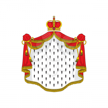 Royal mantle and crown, symbol of kingdom isolated ermine and crown. Vector heraldry coat of arms, authority and power mascot. Luxury king or queen cloth, monarch cloak with tassels and ropes