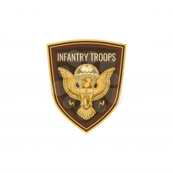 Special forces infantry troops military squad with eagle isolated chevron emblem. Vector US army mascot with golden falcon in parachute. Military sub-subunit, trooper badge. Aviation troops insignia