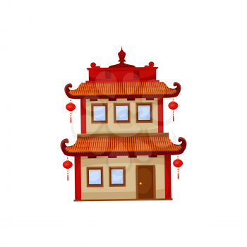 Chinese building with lanterns on roof, facade exterior design isolated icon. Vector China house paper home in oriental style, flat cartoon. Traditional Chinatown ancient asian architecture structure
