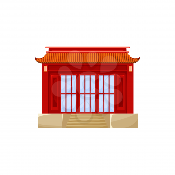 Red building ancient asian architecture structure isolated icon. Vector traditional China town house facade exterior design. Chinatown city structure, traditional ethnic asian pavilion or temple