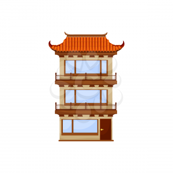 Chinese architecture building, vector China pagoda with red roof, asian japanese or korean retro house. Vintage eastern temple palace facade exterior design. Oriental pavilion with windows and roof