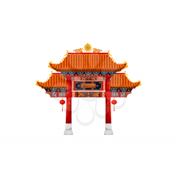 Chinese gate architecture, entrance with roof in oriental style, decorated by hanging lanterns. Vector Chinatown door, ornaments with dragon. Japanese or Korean temple entrance, arc design