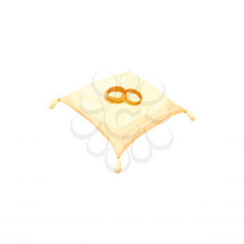 Gold wedding rings on white pillow with tassels isolated. Vector wedding salon emblem, royal soft pillow with jewelry symbol of love, matrimony and proposal. Pair of gold shiny rings, expensive gift
