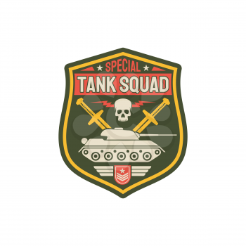 Tank squad division isolated patch on uniform. Vector armored heavy machinery, crossed swords and skull, officer military rank. Chevron with tank, insignia of armed forces defense, combat infantry