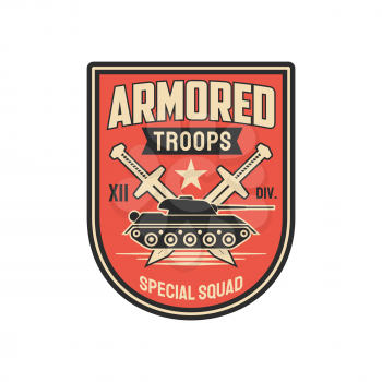 Armored division special squid with tank and crossed swords isolated military chevron with. Vector armed forces defense, officer rank insignia, us infantry patch on uniform. Survival heavy troops